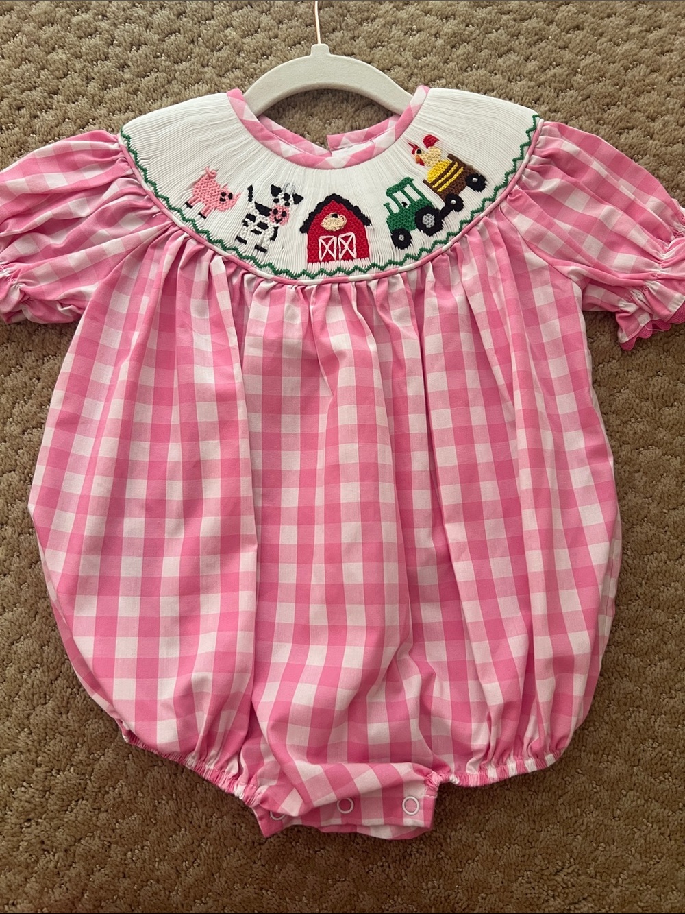 Pink Gingham Smocked Farm Animals Baby One-Piece